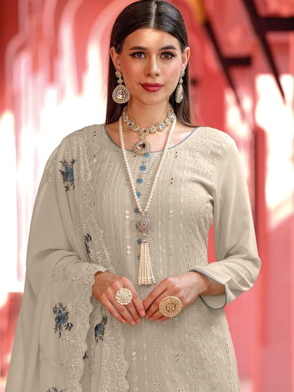 Grey Embroidered Straight Cut Party Wear Suit