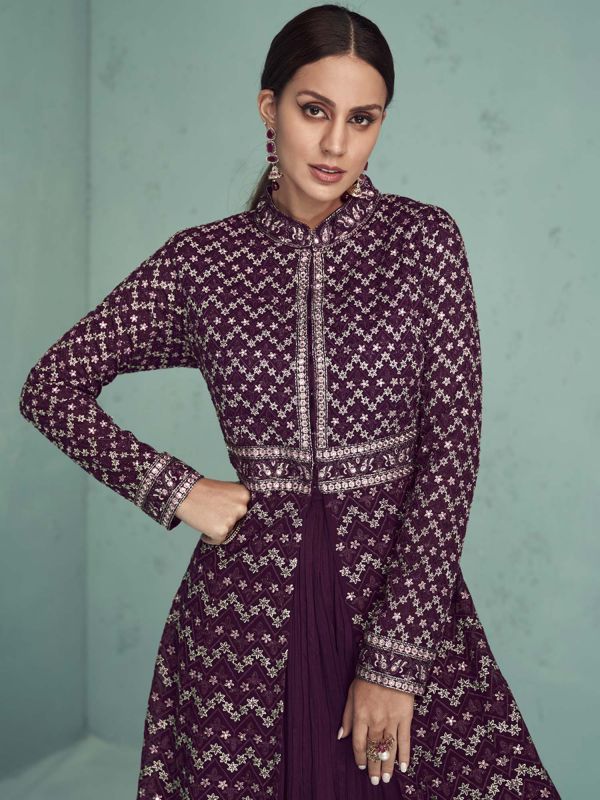 Purple Embroidered Jacket Style Salwar Kameez