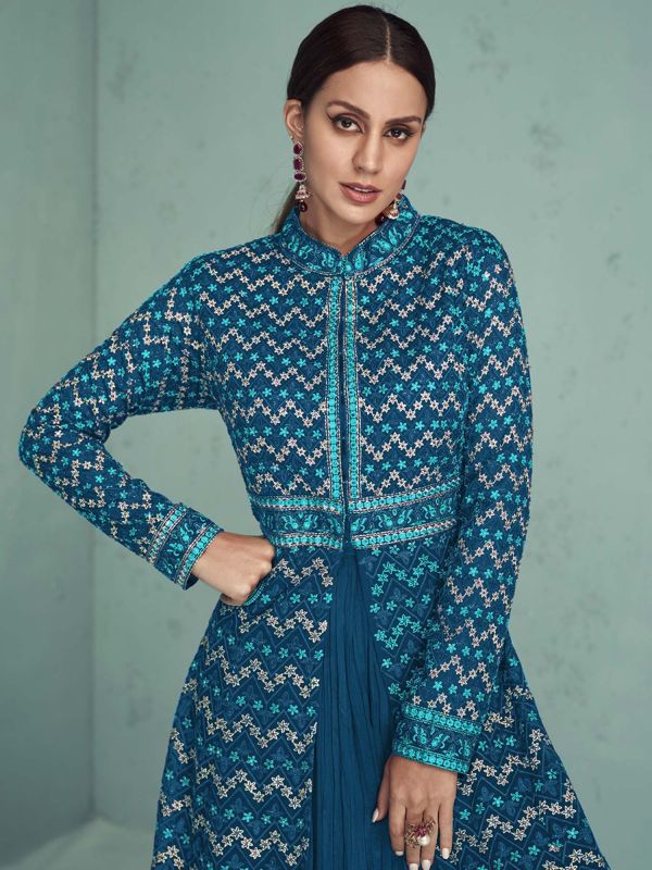 Blue Thread Embroidered Salwar Suit In Georgette