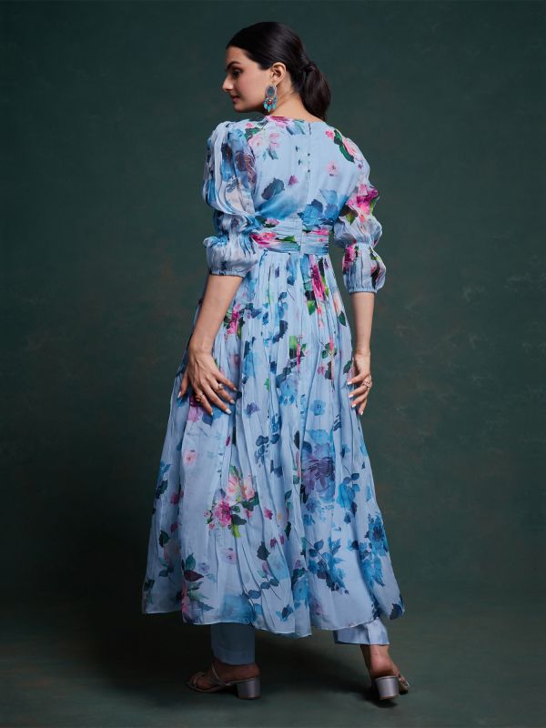 Sky Blue Floral Printed Womens Indowestern In Organza