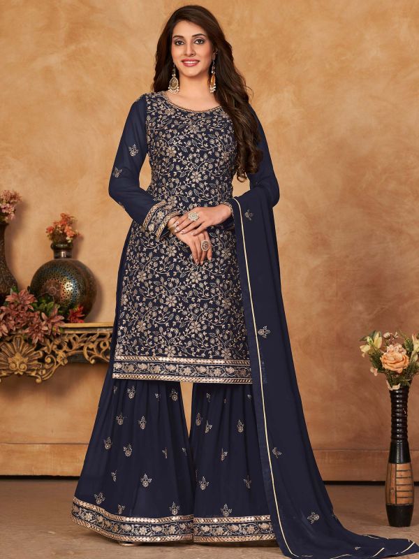 Blue Sequins Embroidered Sharara Salwar Suit