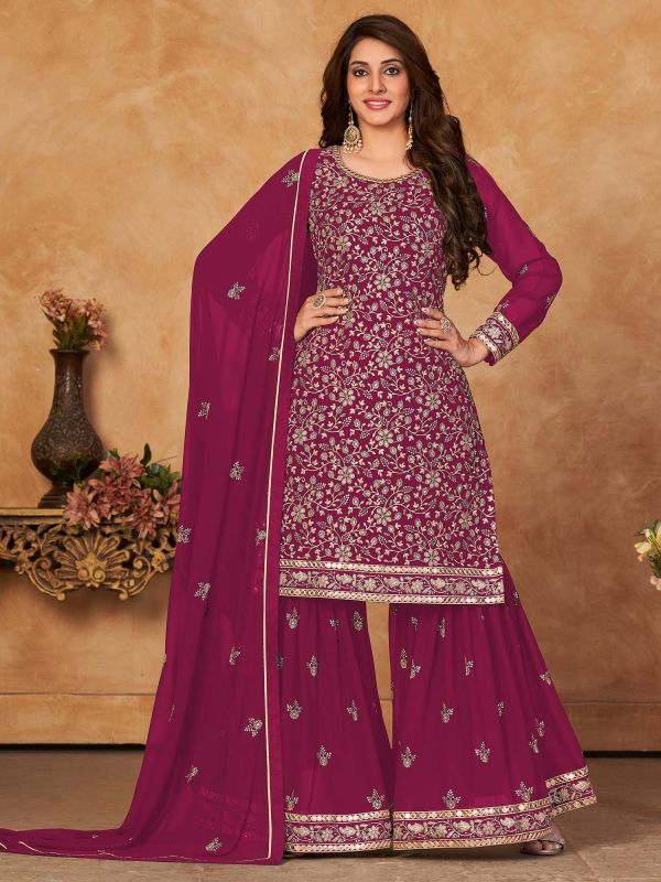 Pink Embroidered Sharara Suit With Dupatta