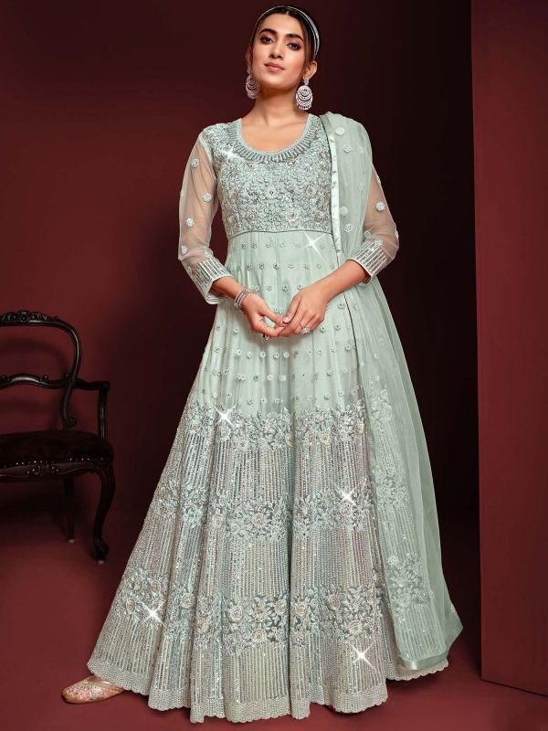 Blue Designer Embroidered Anarkali Suit With Dupatta