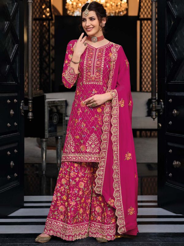 Pink Embroidered Festive Palazzo Suit In Crepe
