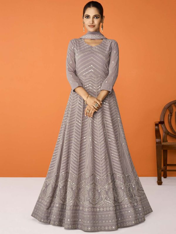 Grey Embroidered Anarkali Salwar Suit In Georgette