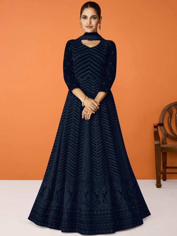 Dark Blue Embroidered Suit With Dupatta