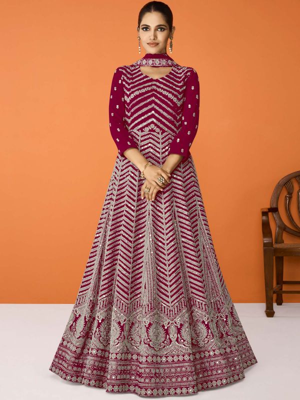 Magenta Sequins Embroidered Anarkali Suit In Georgette