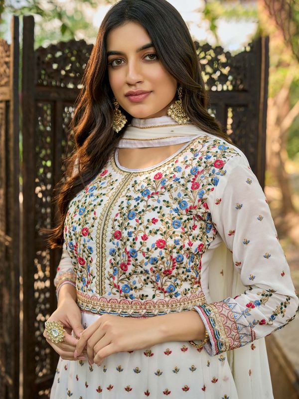 White Embroidered Georgette Anarkali Salwar Suit
