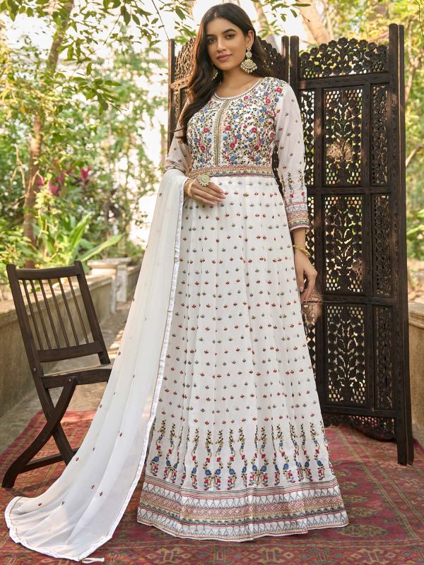 White Embroidered Georgette Anarkali Salwar Suit