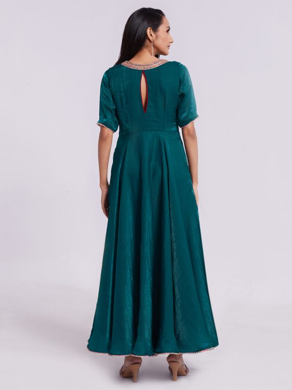 Teal Blue Readymade Womens Gown In Organza