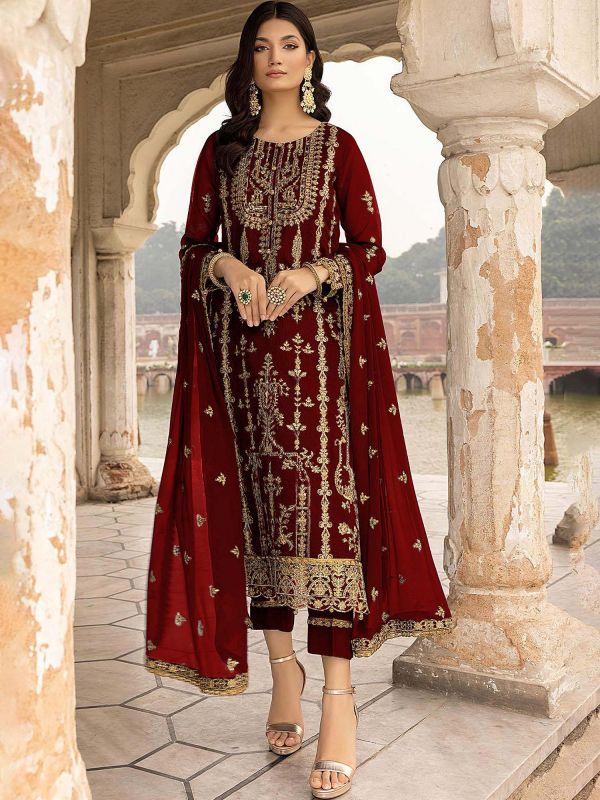 Maroon Pant Style Suit With Zari Embroidery