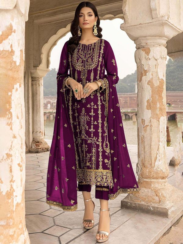 Purple Embroidered Georgette Pant Suit With Dupatta