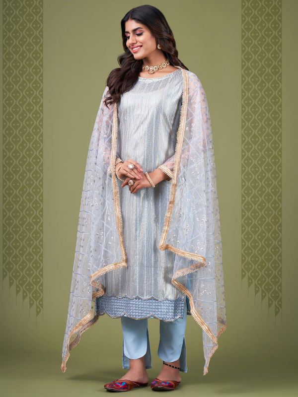 Blue Embroidered Pant Suit With Embroidery