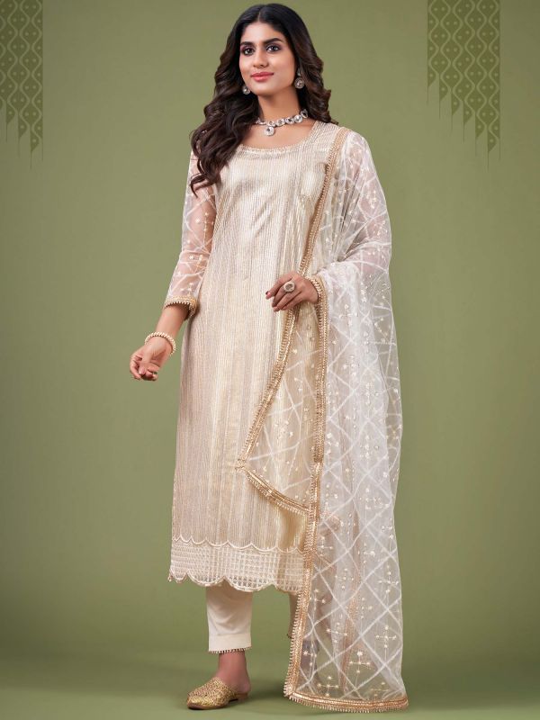 White Embroidered Pant Salwar Suit In Net