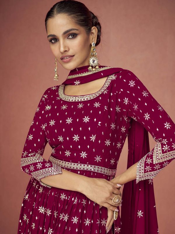 Pink Thread Embroidered Gathered Suit With Dupatta