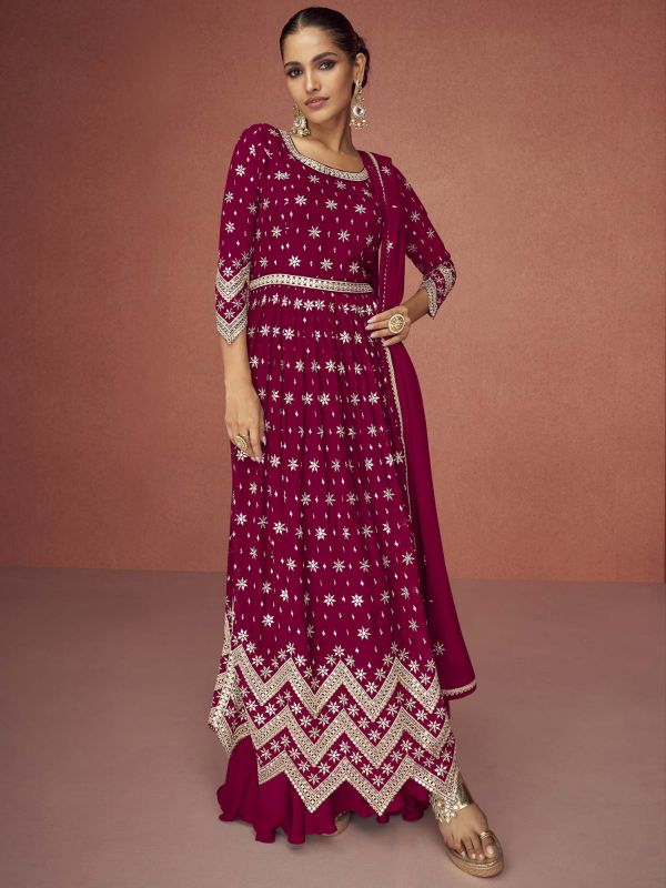 Pink Thread Embroidered Gathered Suit With Dupatta