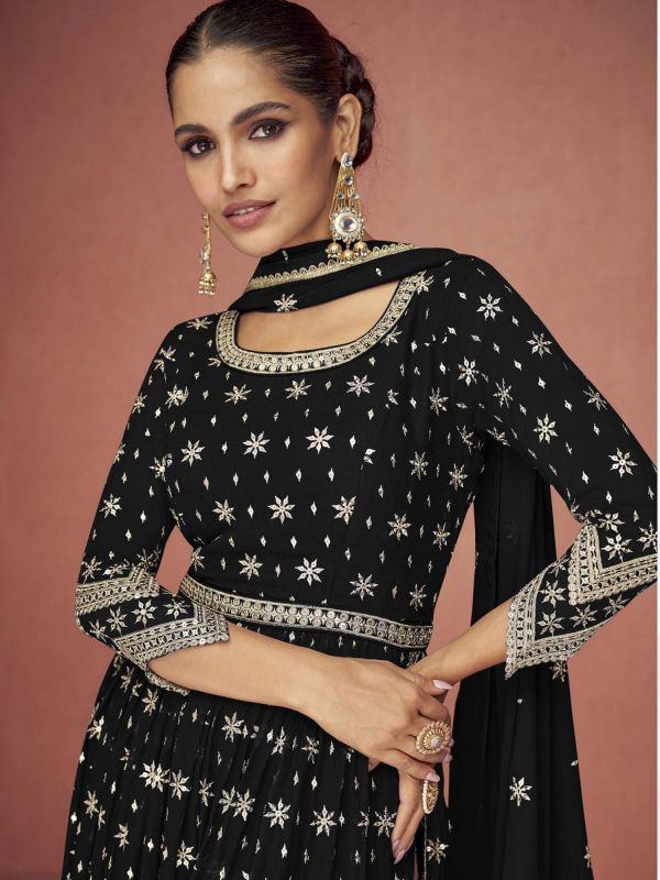 Black Embroidered Palazzo Salwar Suit With Dupatta