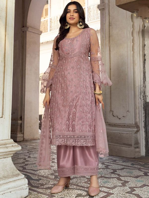 Pink Embroidered Palazzo Salwar Kameez In Net