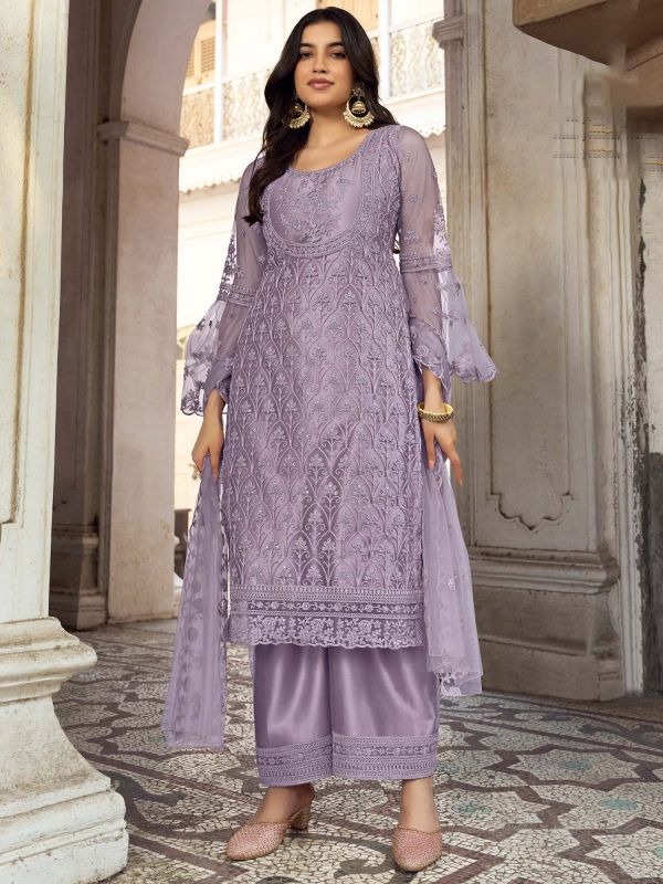 Purple Embroidered Palazzo Salwar Suit In Net