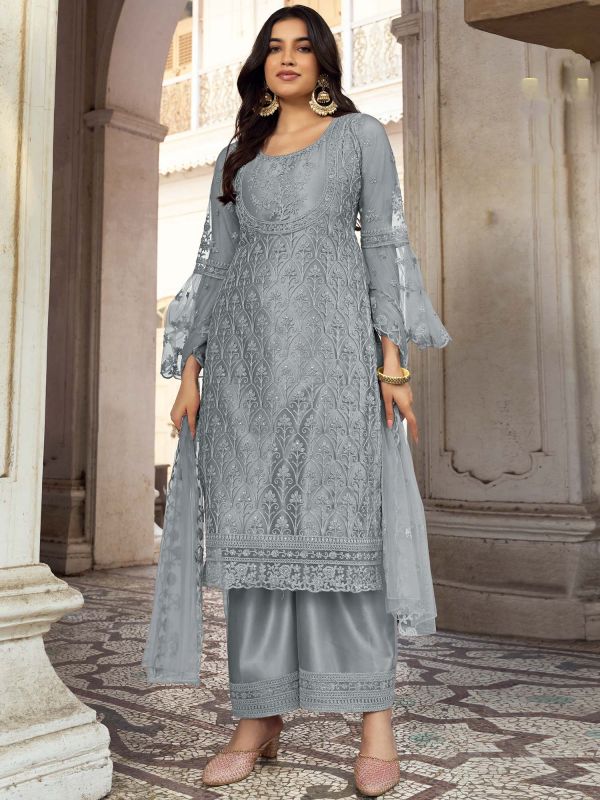 Blue Net Salwar Suit With Embroidery