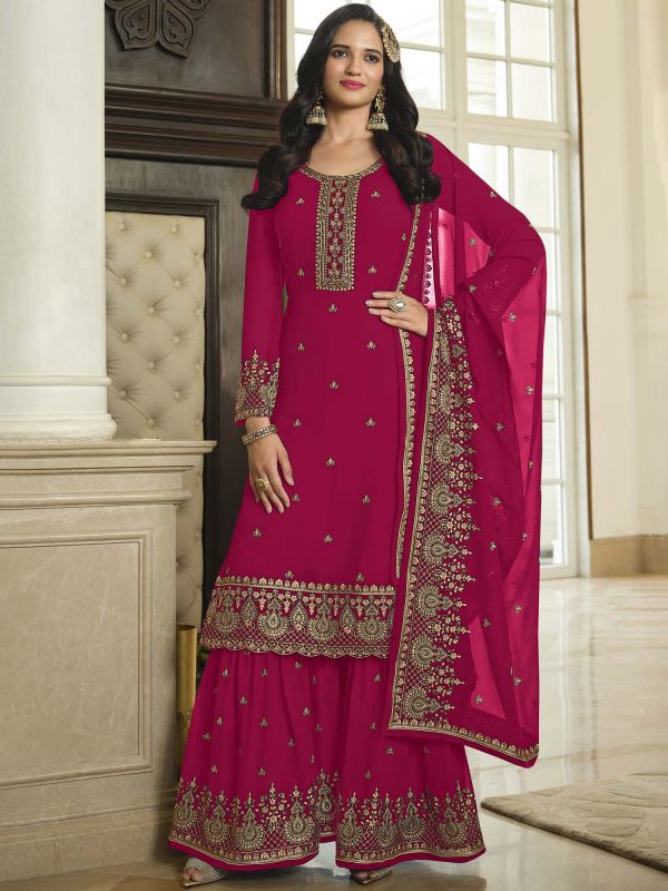 Pink Embroidered Sharara Style Suit In Georgette