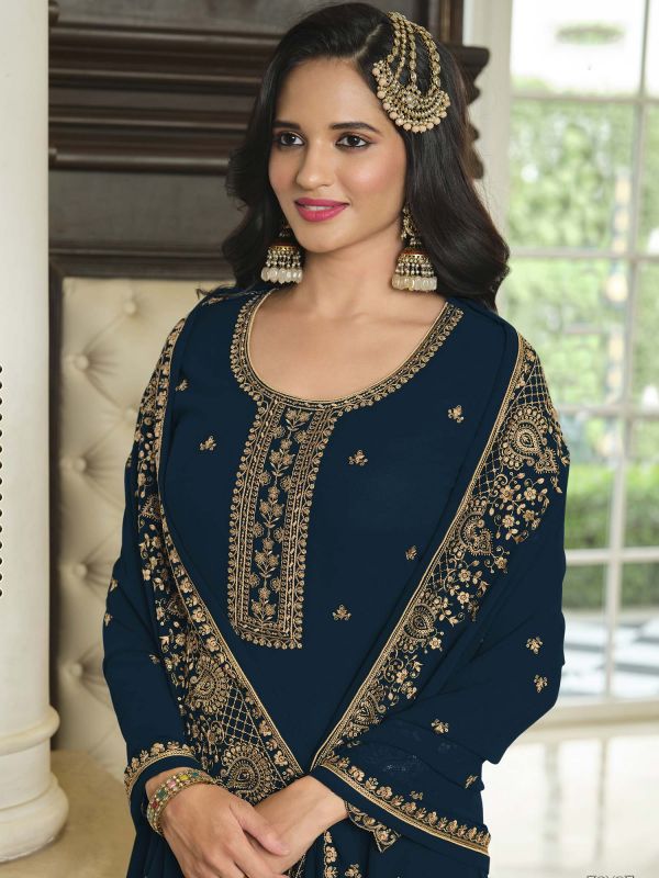 Navy Blue Embroidered Pakistani Salwar Kameez With Dupatta