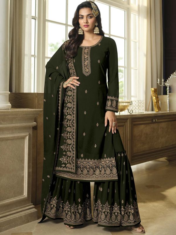 Green Pakistani Sharara Suit With Embroidery