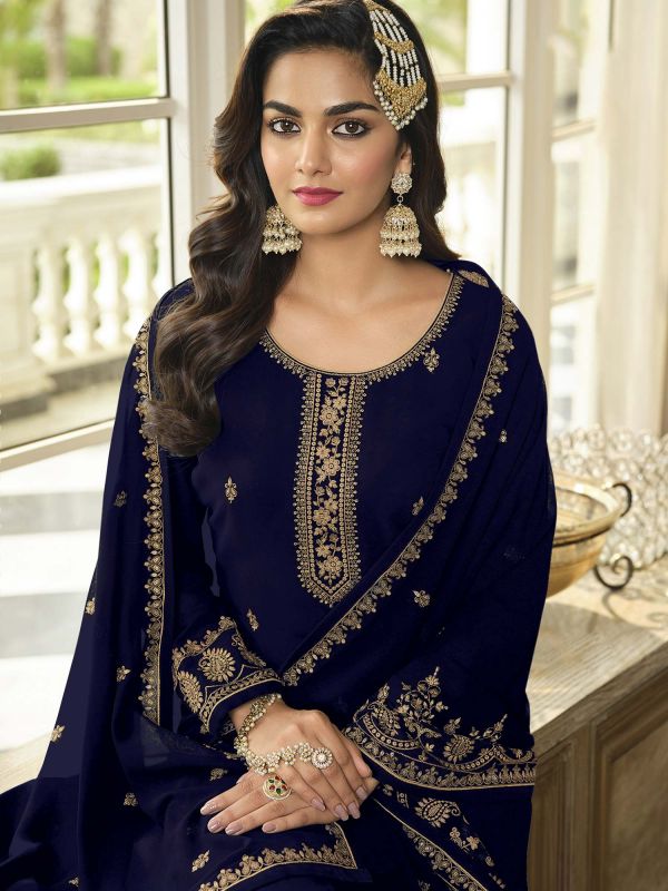 Navy Blue Pakistani Sharara Salwar Suit In Georgette