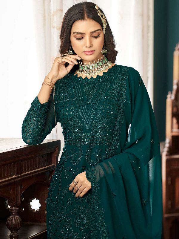 Green Embroidered Straight Cut Georgette Salwar Suit