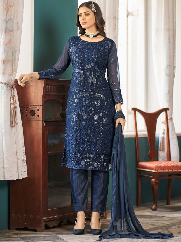 Blue Straight Cut Embroidered Suit With Dupatta