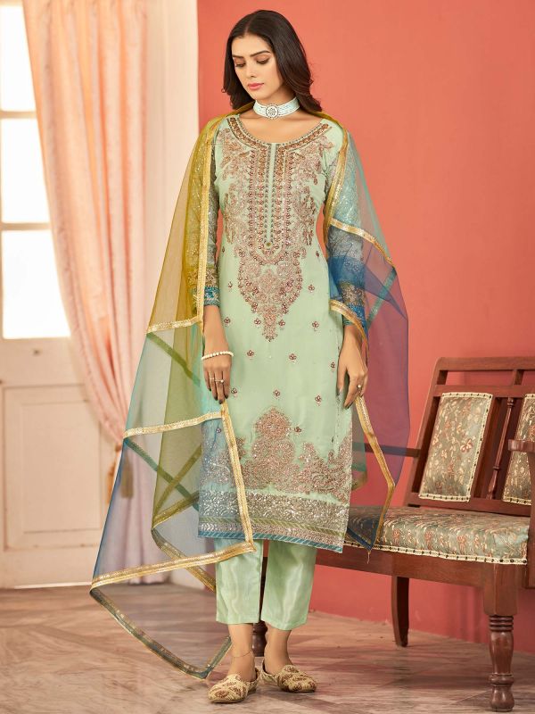 Green Zari Embroidered Pant Suit In Georgette