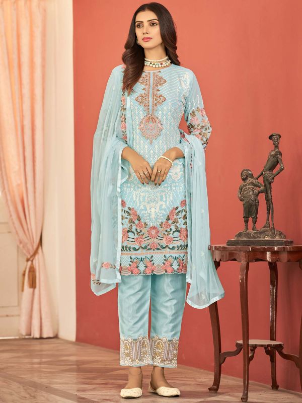 Blue Thread Embroidered Pant Suit In Georgette