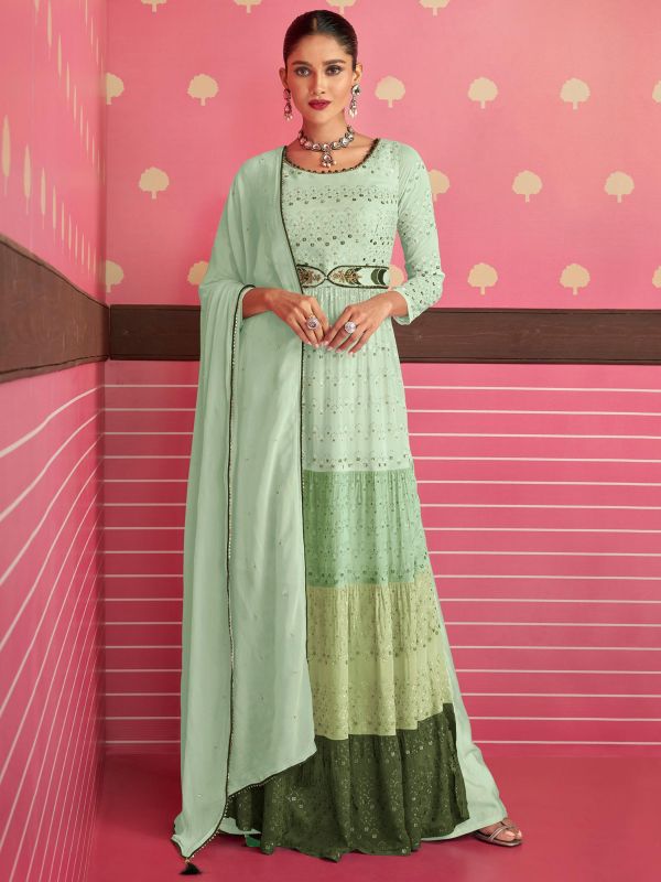 Green Gathered Georgette Suit With Embroidery