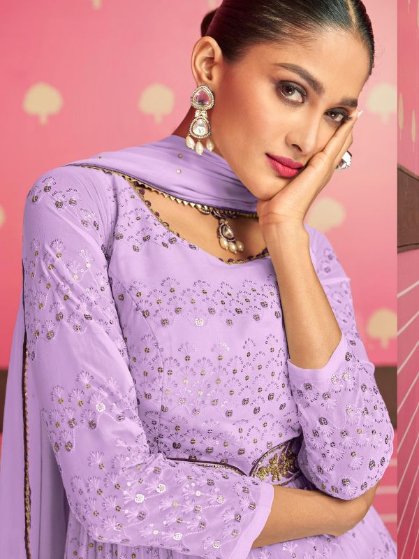 Purple Thread Embroidered Palazzo Suit In Georgette