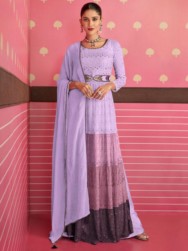 Purple Thread Embroidered Palazzo Suit In Georgette