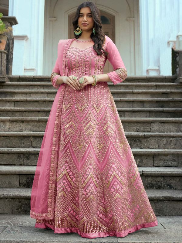Pink Festive Anarkali Net Suit With Embroidery