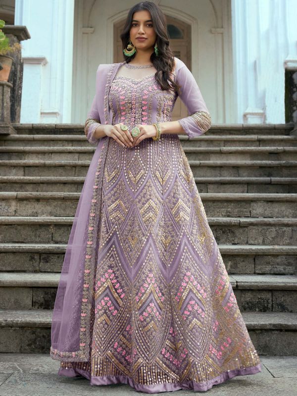 Purple Embroidered Net Anarkali Suit With Dupatta