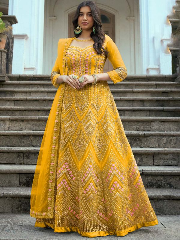 Yellow Embroidered Anarkali Salwar Suit In Net