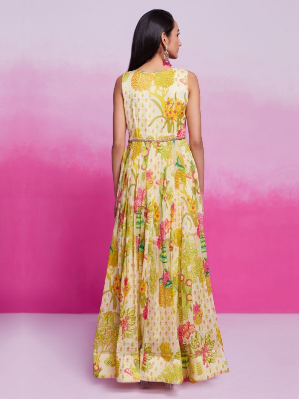 Light Yelllow Stone Work Gown For Women