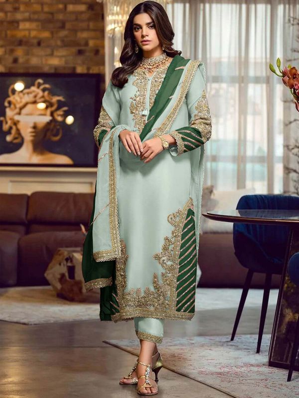 Green Embroidered Straight Cut Pakistani Salwar Suit