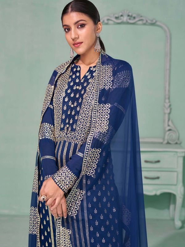 Blue Zari Embroidered Palazzo Suit In Georgette