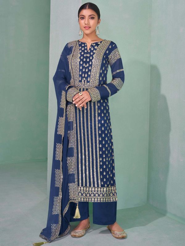 Blue Zari Embroidered Palazzo Suit In Georgette