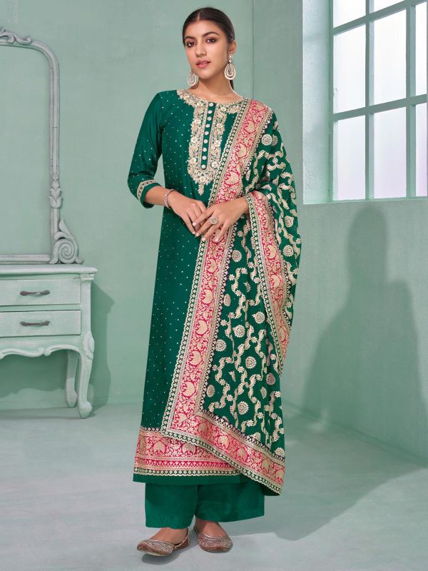 Green Georgette Palazzo Suit With Heavy Embroidery