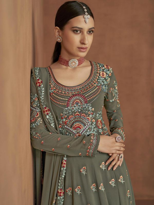 Grey Thread Embroidered Anarkali Salwar Kameez