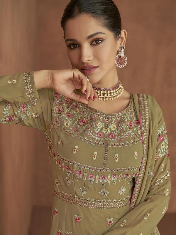 Green Anarkali Suit With Thread Embroidery