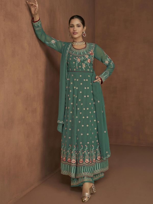 Green Stone Embellished Palazzo Style Salwar Suit