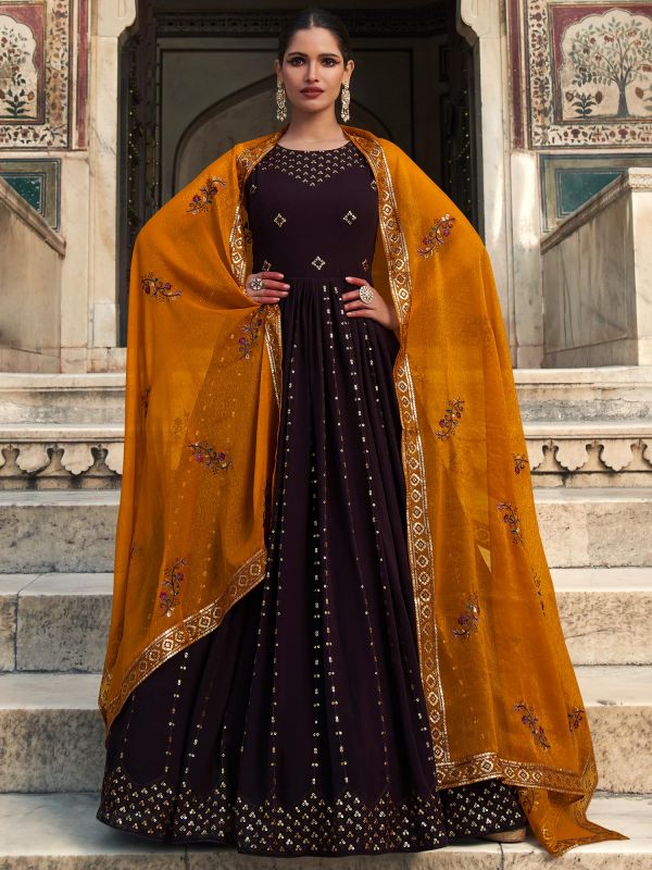 Brown Embroidered Anarkali Suit In Georgette