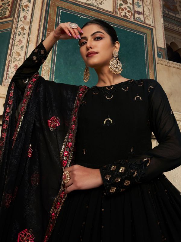 Black Georgette Anarkali Suit With Embroidery
