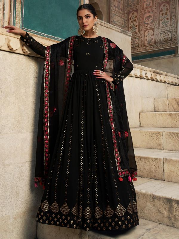 Black Georgette Anarkali Suit With Embroidery