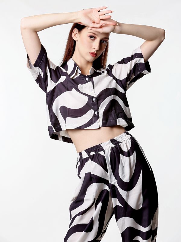 Black And White Co-Ord Set In Rayon For Womens
